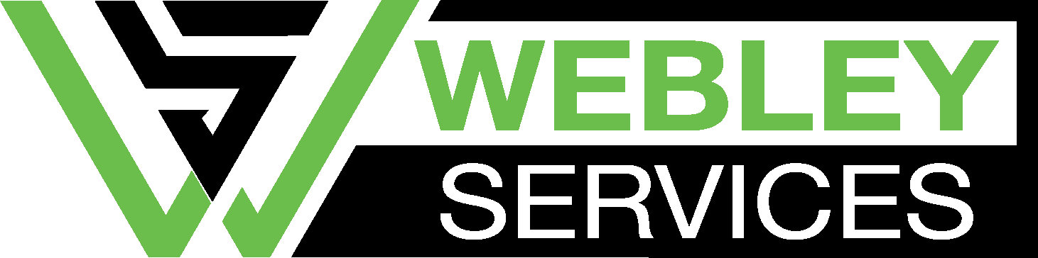 Logo with a stylized "W" in black and green on the left. To the right, "WEBLEY" is written in green, and "SERVICES" in white, both on a black background.