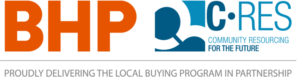 Logo featuring "BHP" in bold orange letters and "C-RES Community Resourcing for the Future" in blue on the right. Below, the text reads: "Proudly delivering the Local Buying Program in partnership.