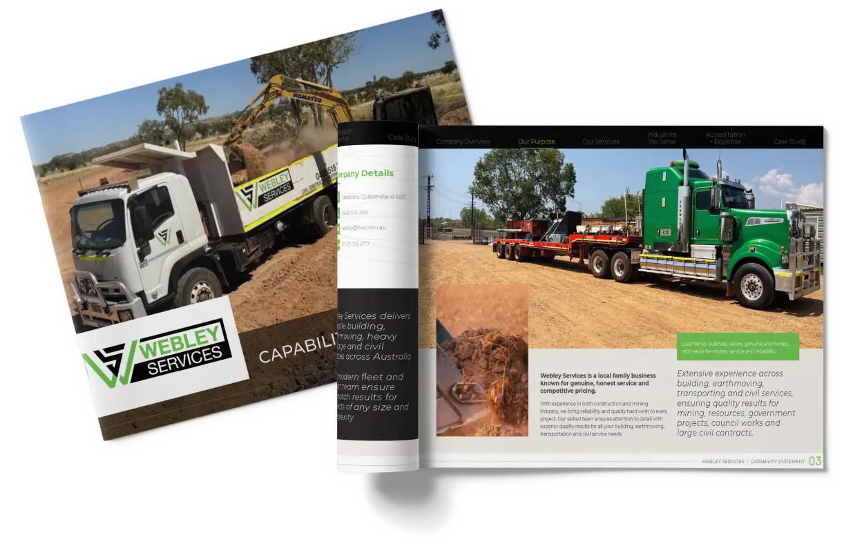 A brochure featuring Webley Services showcases earthmoving and haulage expertise. The cover displays a truck dumping soil, while the inside pages reveal a green truck, company details, and vivid images of heavy equipment in action.